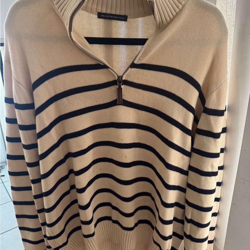 Brandy Melville Cream and Black Striped Zip-Up Sweater